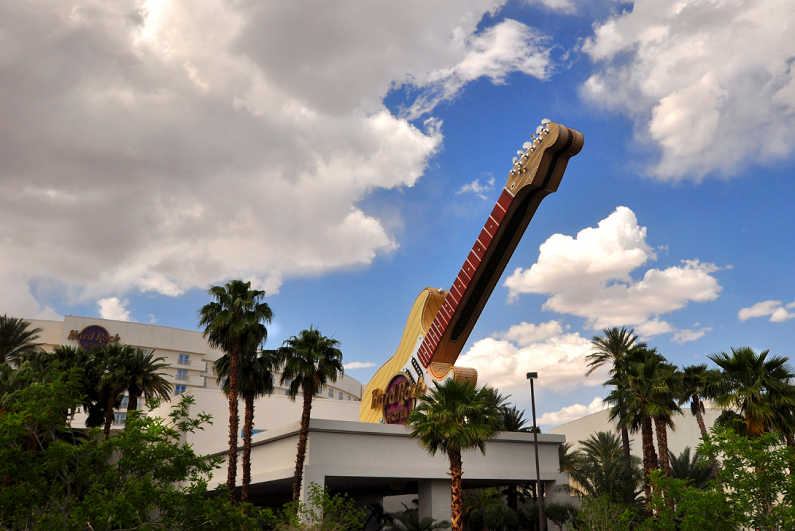 Exterior daytime view of Hard Rock Casino in Las Vegas.