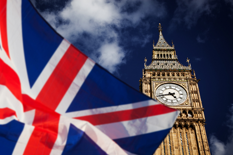 British Union Jack flag with Big Ben in the background.