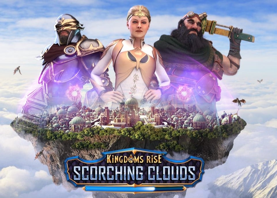 kingdom rises: scorching clouds slot logo and welcome screen