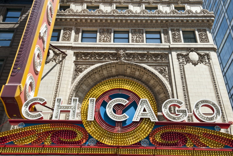 Close-up view of "CHICAGO" sign on Chicago Theatre