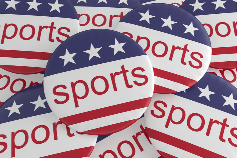 Red, white, and blue buttons reading "sports"